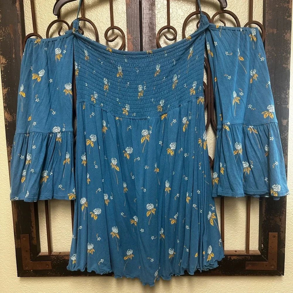 Free People Lana Floral Off-Shoulder Blue Tunic Top